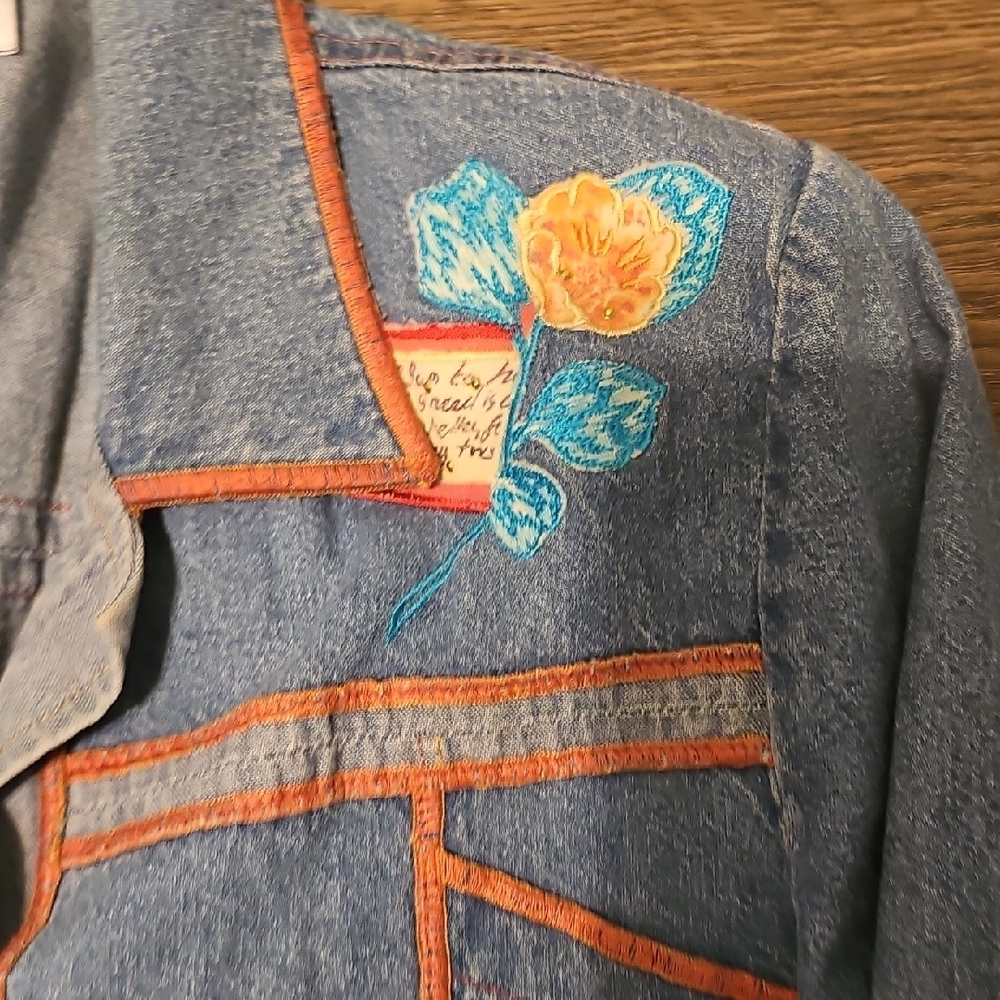 VINTAGE 80s Nancy Bolen City Girl Denim shirt Large Patch Embroidery Orange Trim - Picture 3 of 9